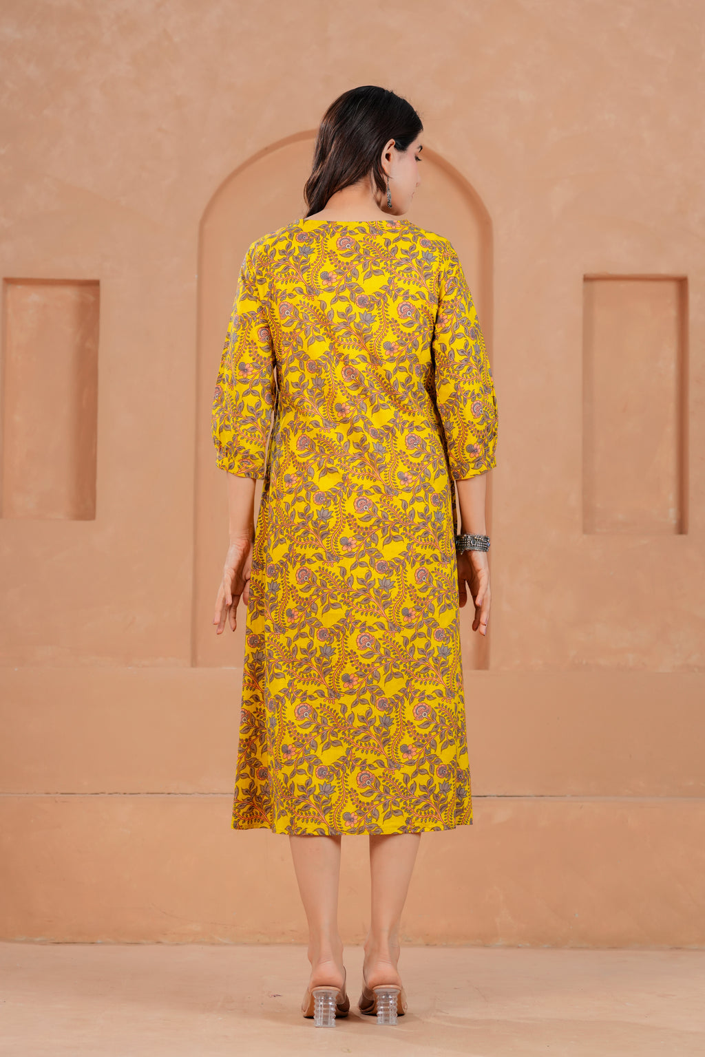 Majestic Divas Cotton Yellow Floral Printed Maternity Feeding Kurta Dress with Lace V-Neck & Dual Side Zippers