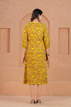 Majestic Divas Cotton Yellow Floral Printed Maternity Feeding Kurta Dress with Lace V-Neck & Dual Side Zippers