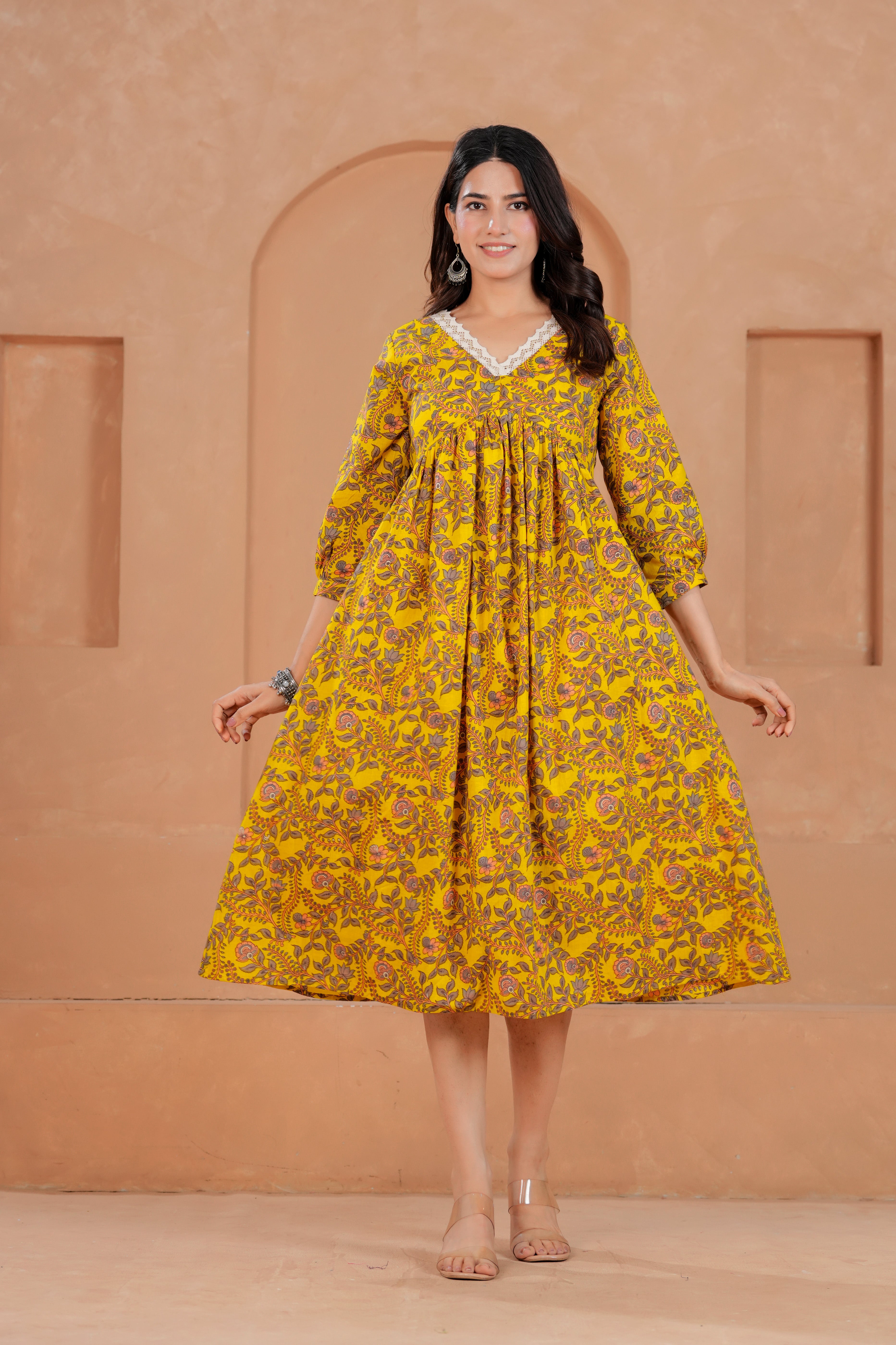 Majestic Divas Cotton Yellow Floral Printed Maternity Feeding Kurta Dress with Lace V-Neck & Dual Side Zippers Main image