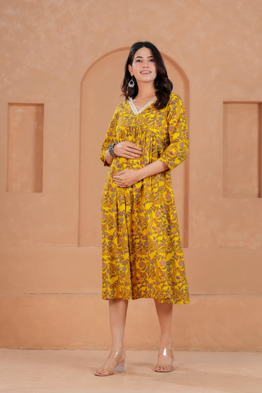 Majestic Divas Cotton Yellow Floral Printed Maternity Feeding Kurta Dress with Lace V-Neck & Dual Side Zippers