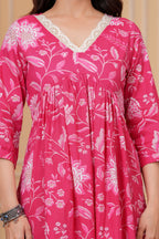 Majestic Divas Cotton Pink Floral Printed Maternity Feeding Kurta Dress with Lace V-Neck & Dual Side Zippers