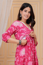 Majestic Divas Cotton Pink Floral Printed Maternity Feeding Kurta Dress with Lace V-Neck & Dual Side Zippers