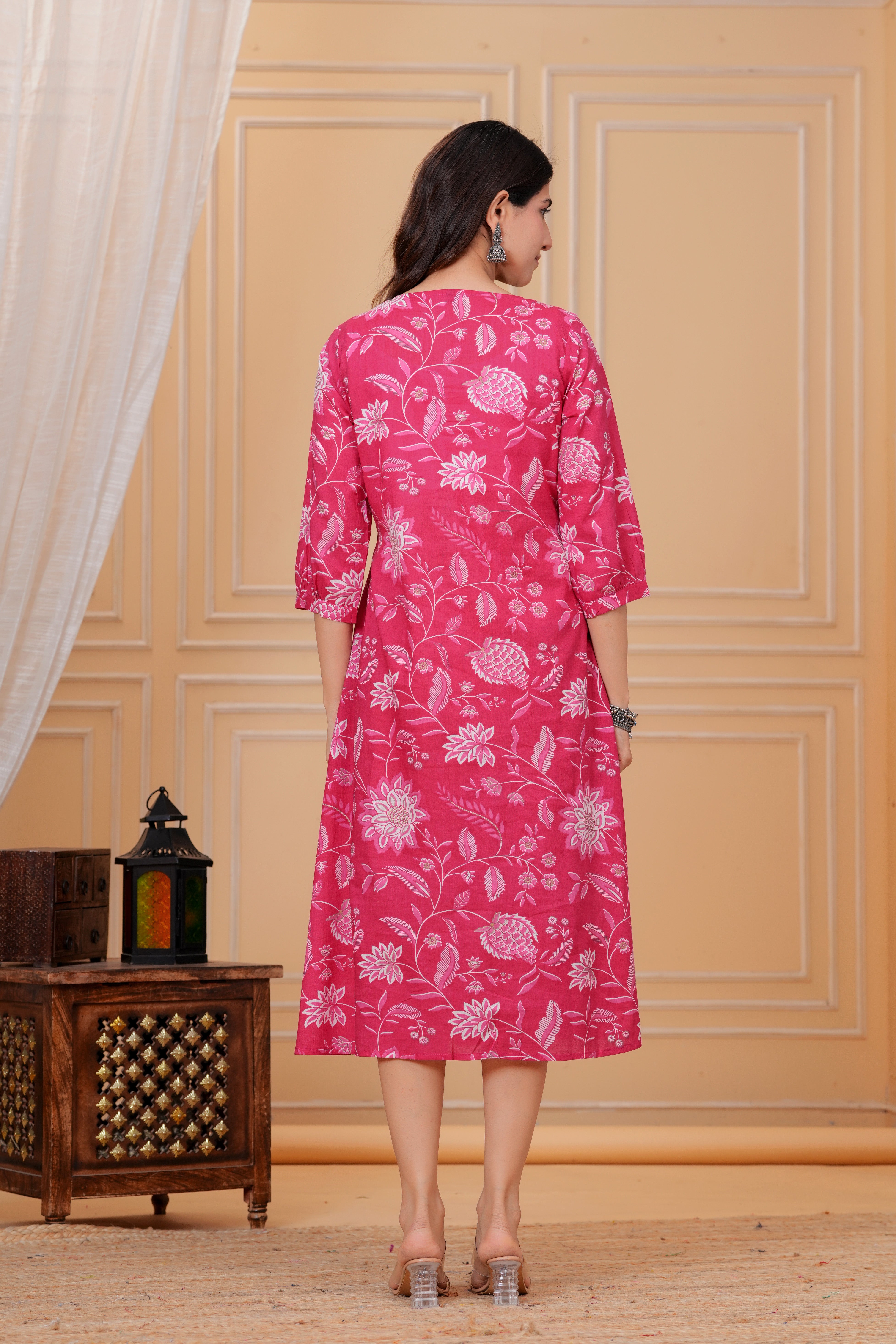 Majestic Divas Cotton Pink Floral Printed Maternity Feeding Kurta Dress with Lace V-Neck & Dual Side Zippers Secondary image