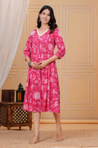 Majestic Divas Cotton Pink Floral Printed Maternity Feeding Kurta Dress with Lace V-Neck & Dual Side Zippers