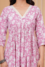 Majestic Divas Cotton Pink with White Floral Printed Maternity Feeding Kurta Dress with Lace V-Neck & Dual Side Zippers