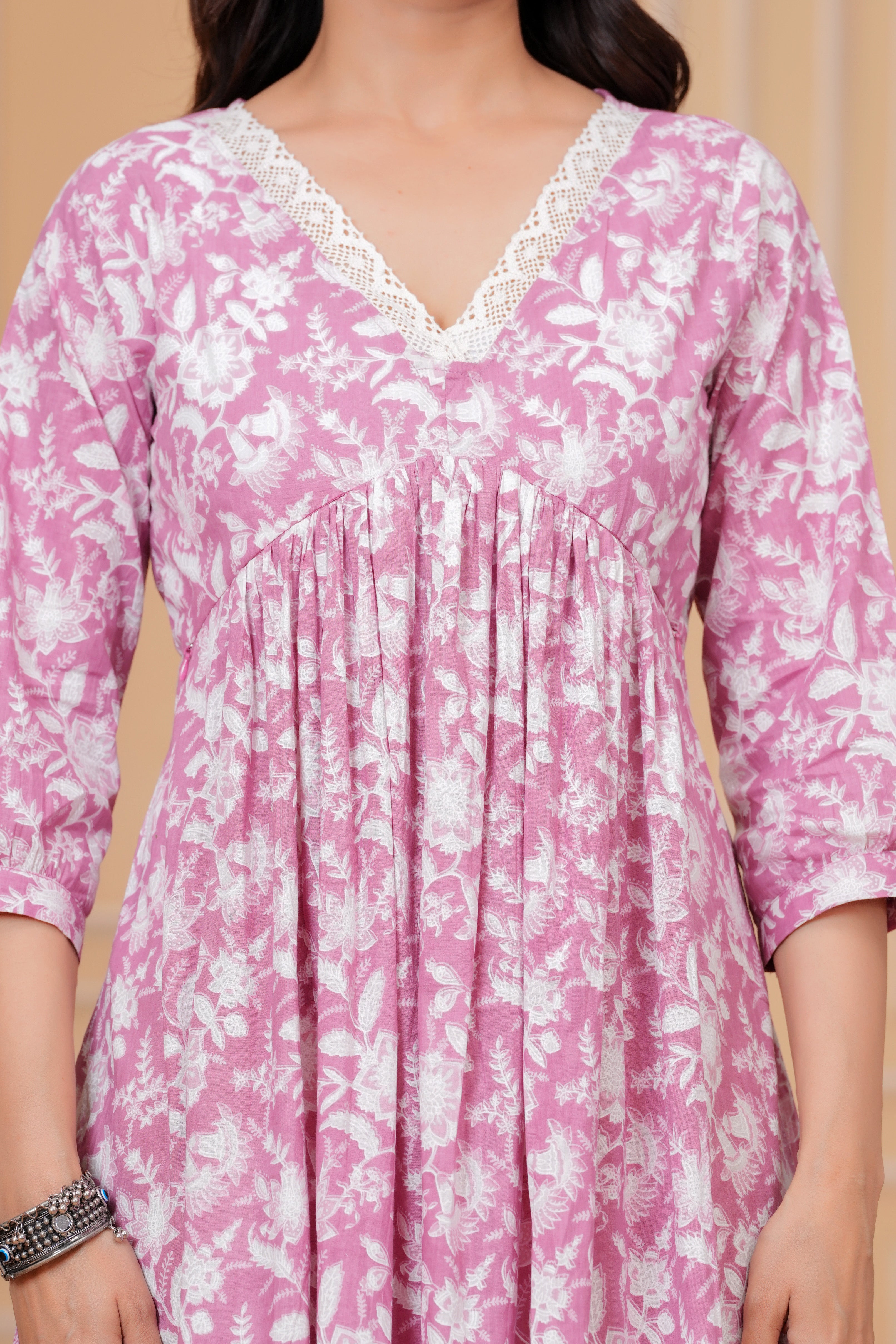 Majestic Divas Cotton Pink with White Floral Printed Maternity Feeding Kurta Dress with Lace V-Neck & Dual Side Zippers
