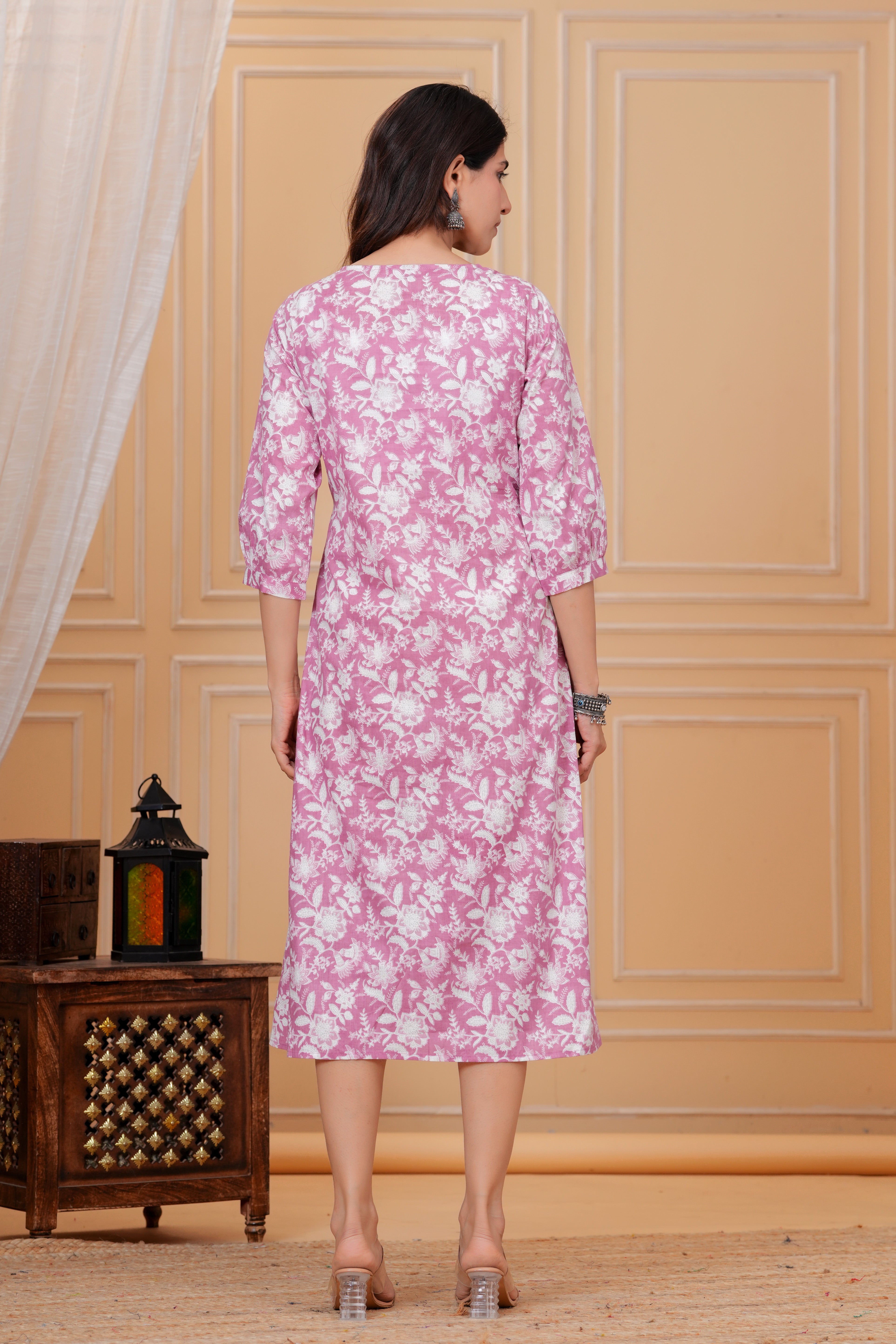 Majestic Divas Cotton Pink with White Floral Printed Maternity Feeding Kurta Dress with Lace V-Neck & Dual Side Zippers Secondary image