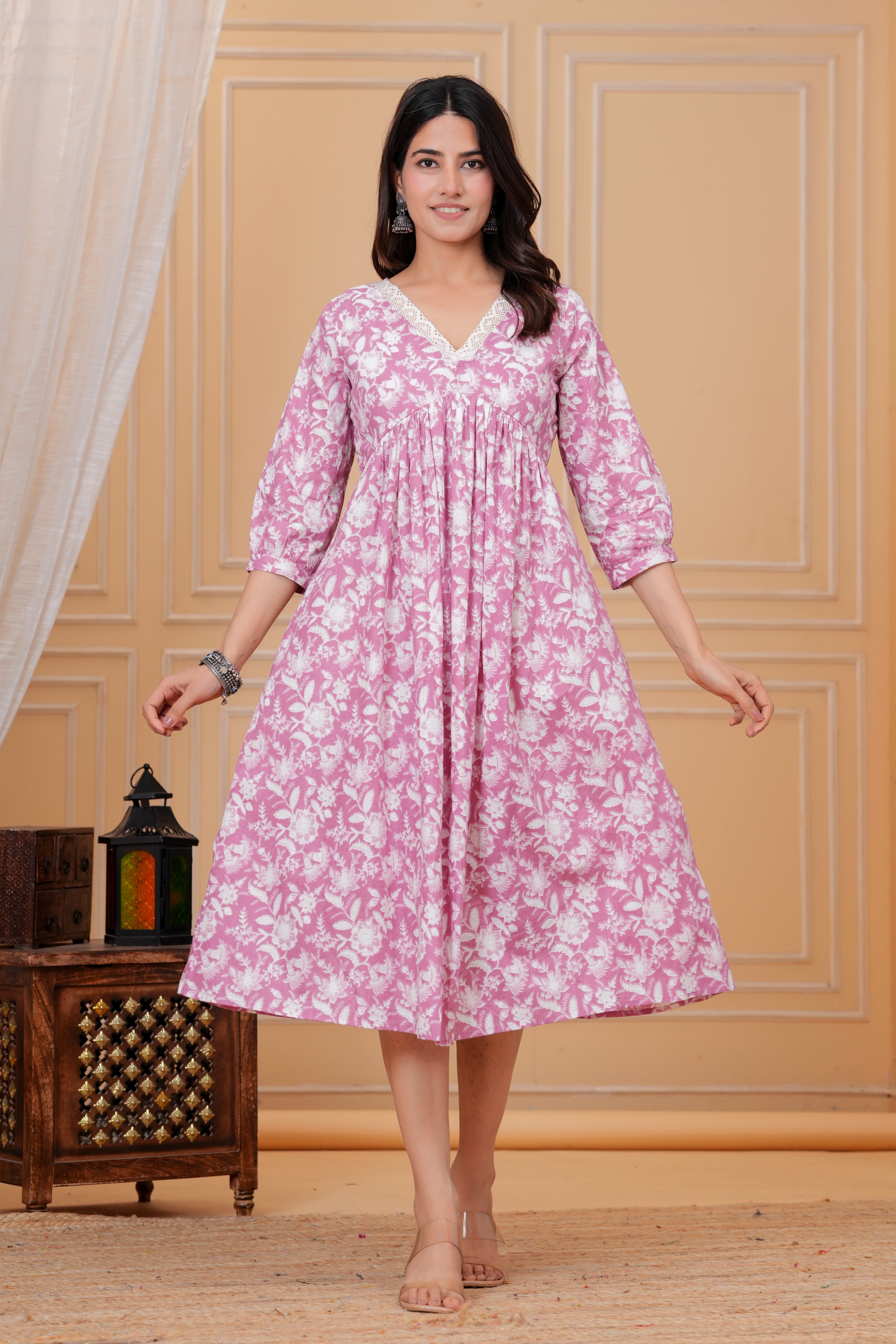 Majestic Divas Cotton Pink with White Floral Printed Maternity Feeding Kurta Dress with Lace V-Neck & Dual Side Zippers Main image
