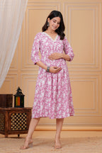 Majestic Divas Cotton Pink with White Floral Printed Maternity Feeding Kurta Dress with Lace V-Neck & Dual Side Zippers