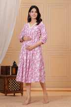 Majestic Divas Cotton Pink with White Floral Printed Maternity Feeding Kurta Dress with Lace V-Neck & Dual Side Zippers