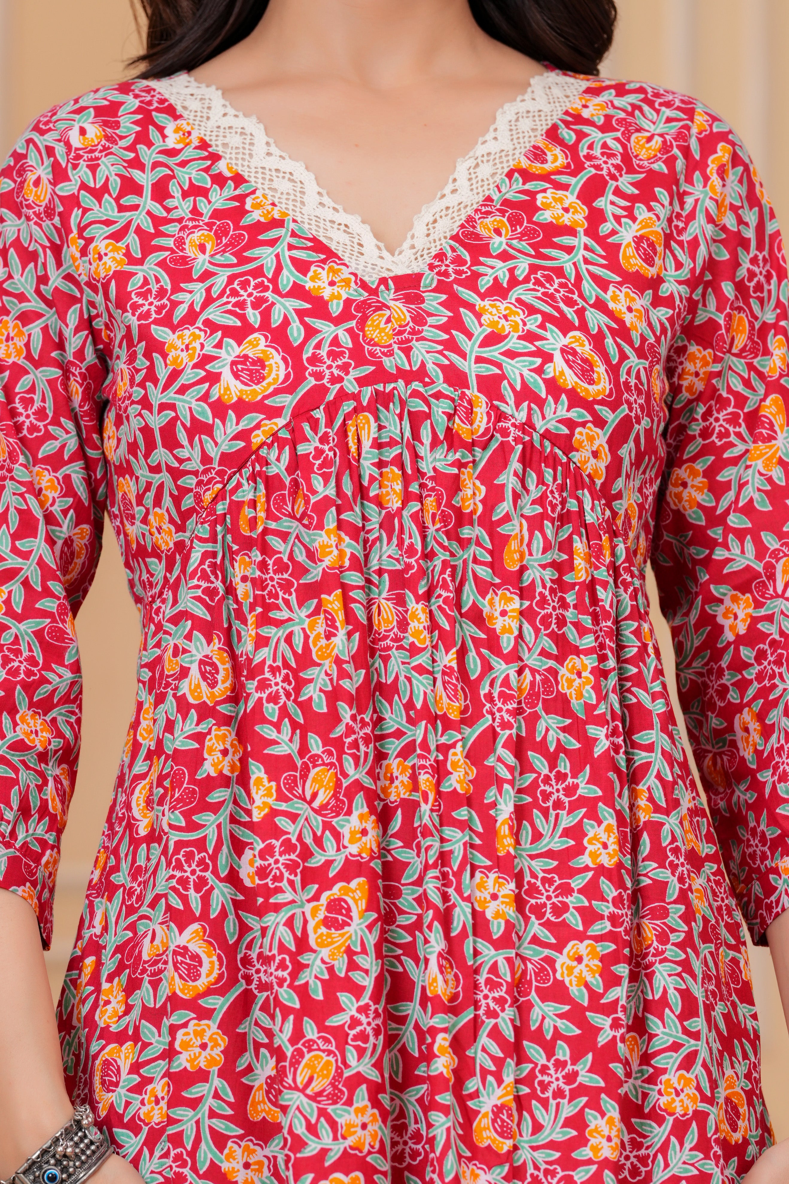 Majestic Divas Cotton Floral Red Maternity Feeding Dress with Lace V-Neck & Dual Side Zippers