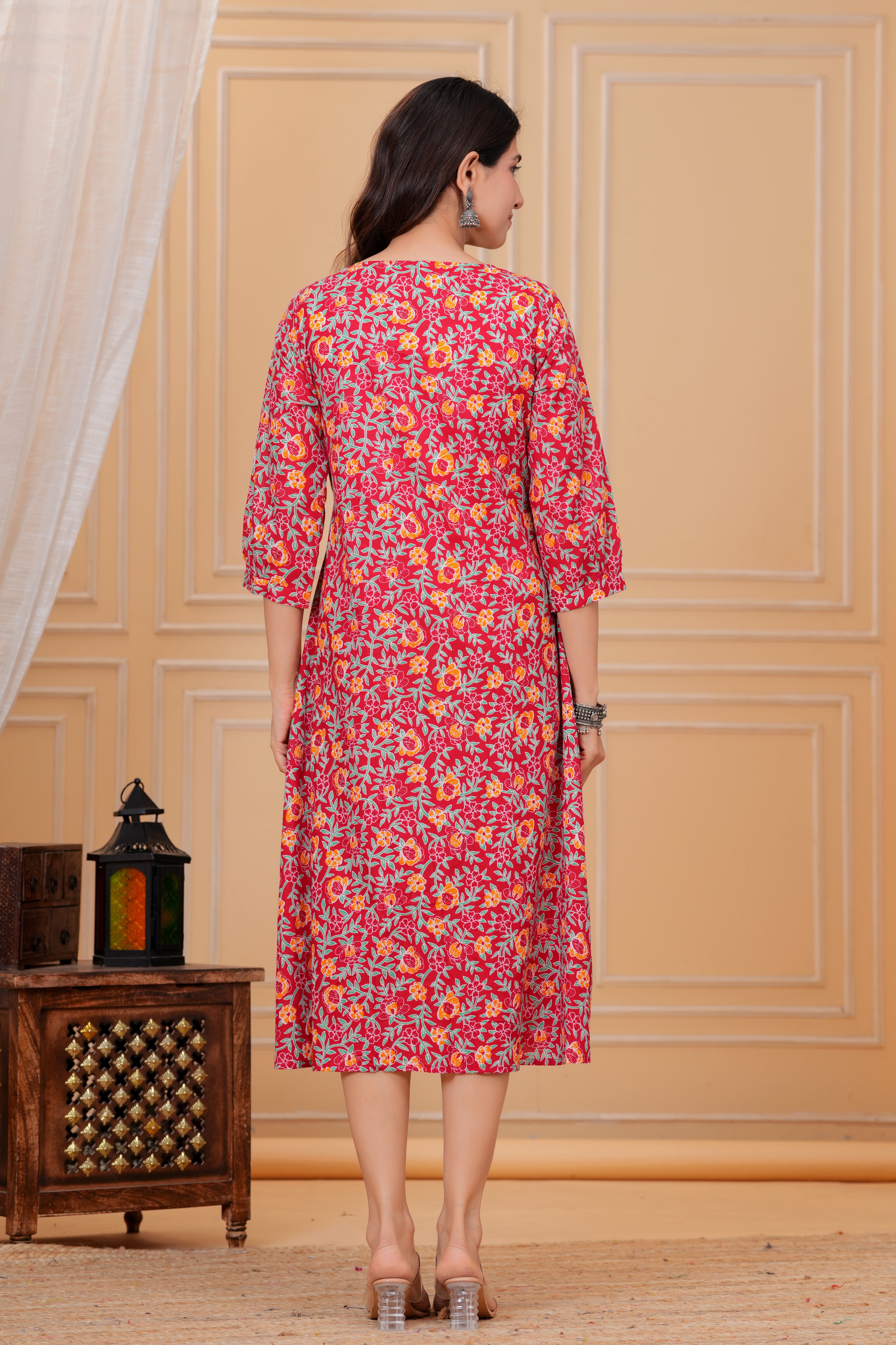 Majestic Divas Cotton Floral Red Maternity Feeding Dress with Lace V-Neck & Dual Side Zippers Secondary image