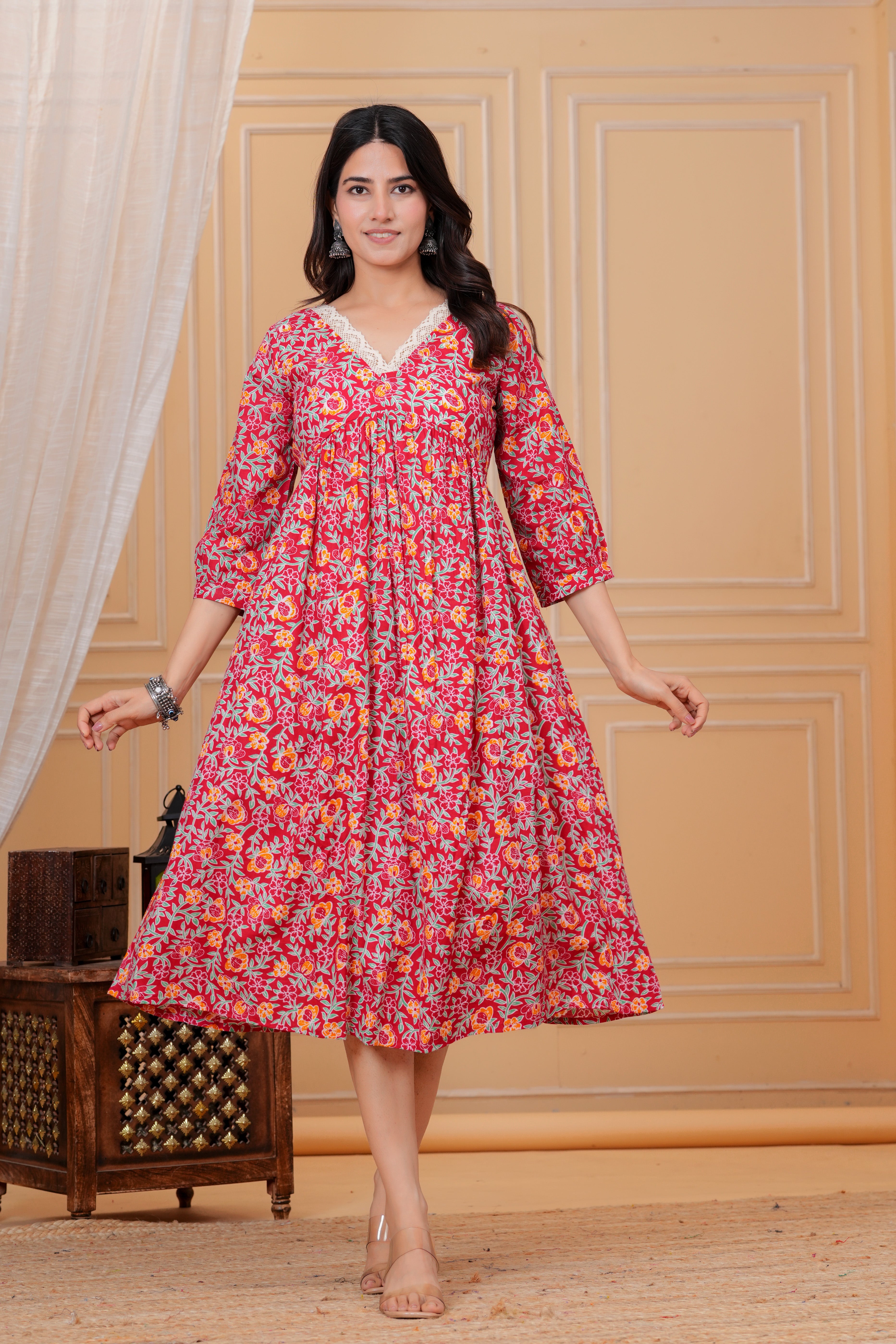 Majestic Divas Cotton Floral Red Maternity Feeding Dress with Lace V-Neck & Dual Side Zippers Main image