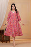 Majestic Divas Cotton Floral Red Maternity Feeding Dress with Lace V-Neck & Dual Side Zippers