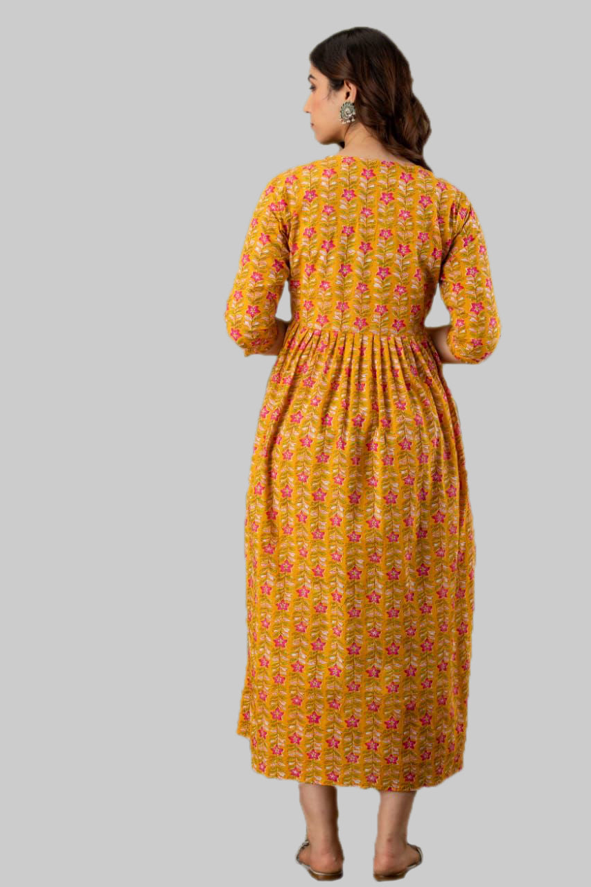 Majestic divas Cotton Mustard Yellow Floral Maternity Feeding Kurta Dress with Dual Zippers Secondary image