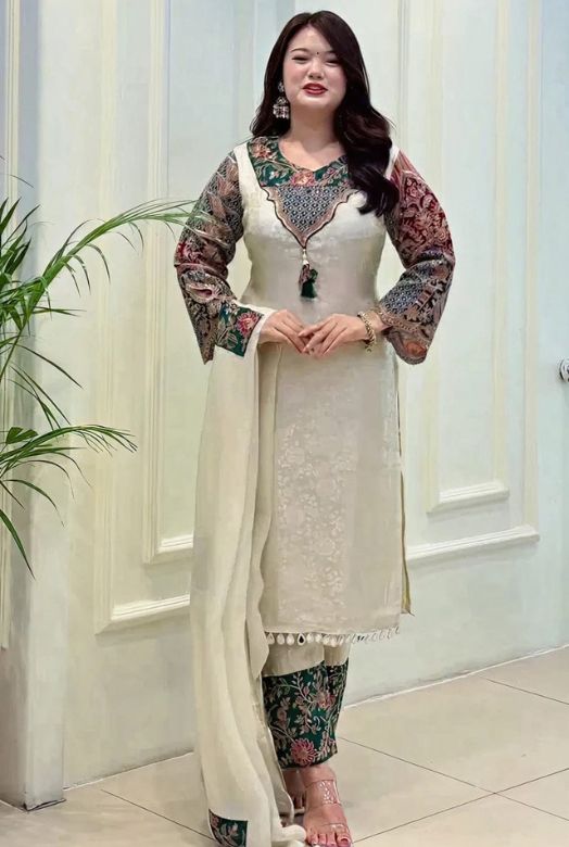 Ivory Cream Pure Banarasi Weaving Dupatta Set with Floral Handwork Neck & Jacquard Dupatta