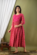 Majestic divas Cotton Rani Pink Floral Buta Printed Maternity Feeding Kurta Dress with Dual Zippers
