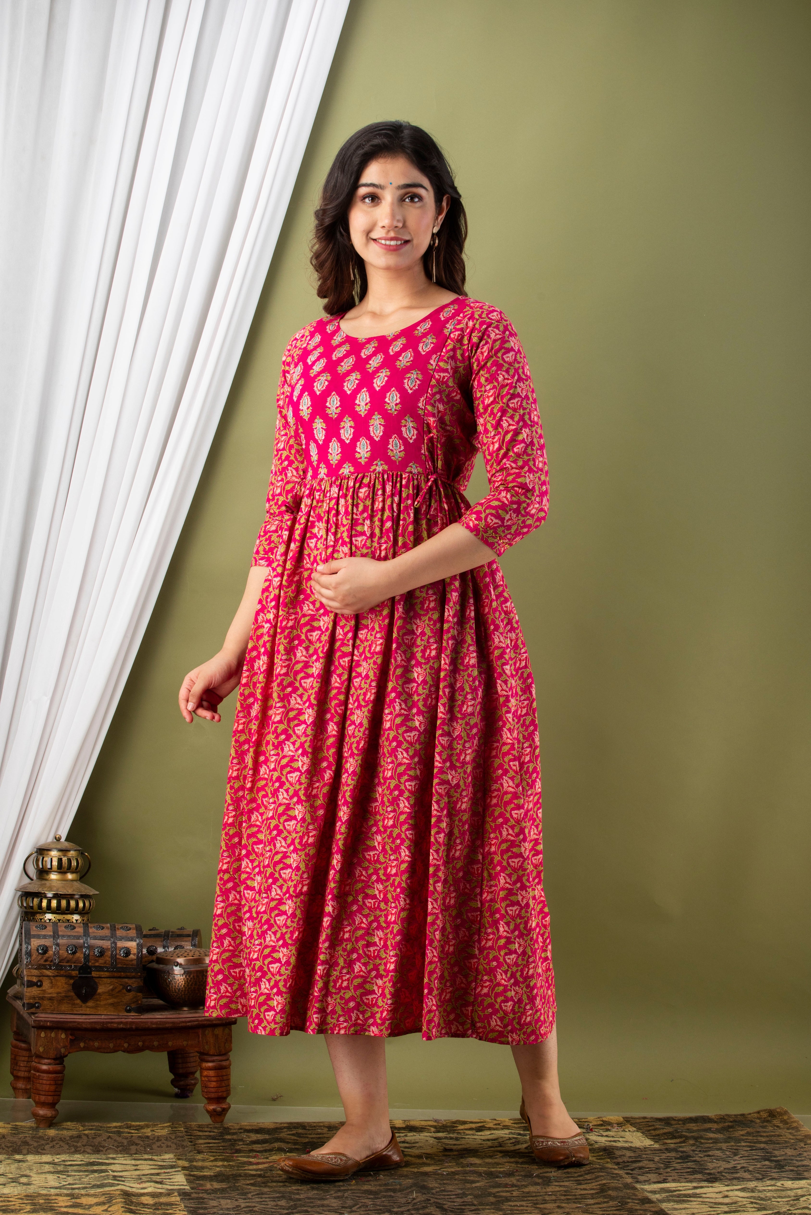 Majestic divas Cotton Rani Pink Floral Buta Printed Maternity Feeding Kurta Dress with Dual Zippers