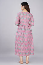Majestic divas Cotton Pink Blue Floral Buta Printed Maternity Feeding Kurta Dress with Dual Zippers