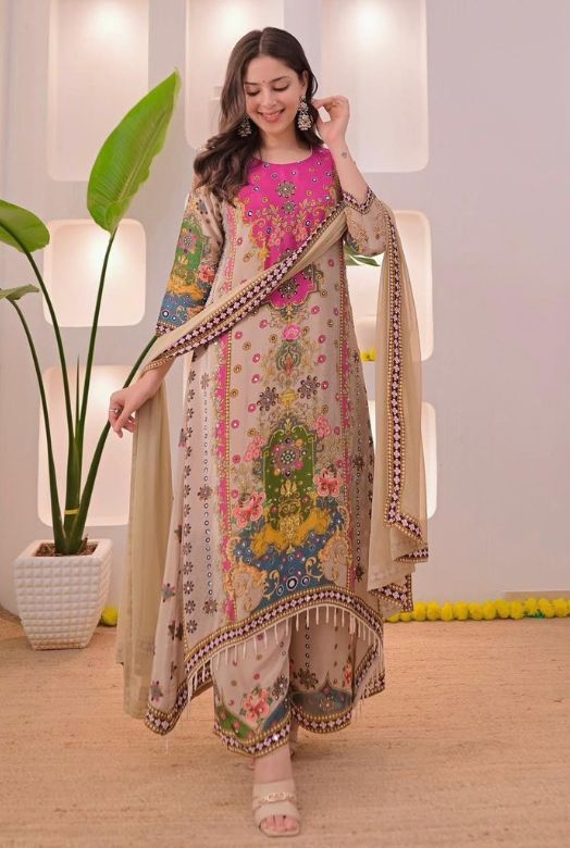 Beige Multicolor Muslin Cotton Noori Anarkali Dupatta Set Main image