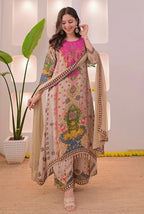 Beige Multicolor Muslin Cotton Noori Anarkali Dupatta Set