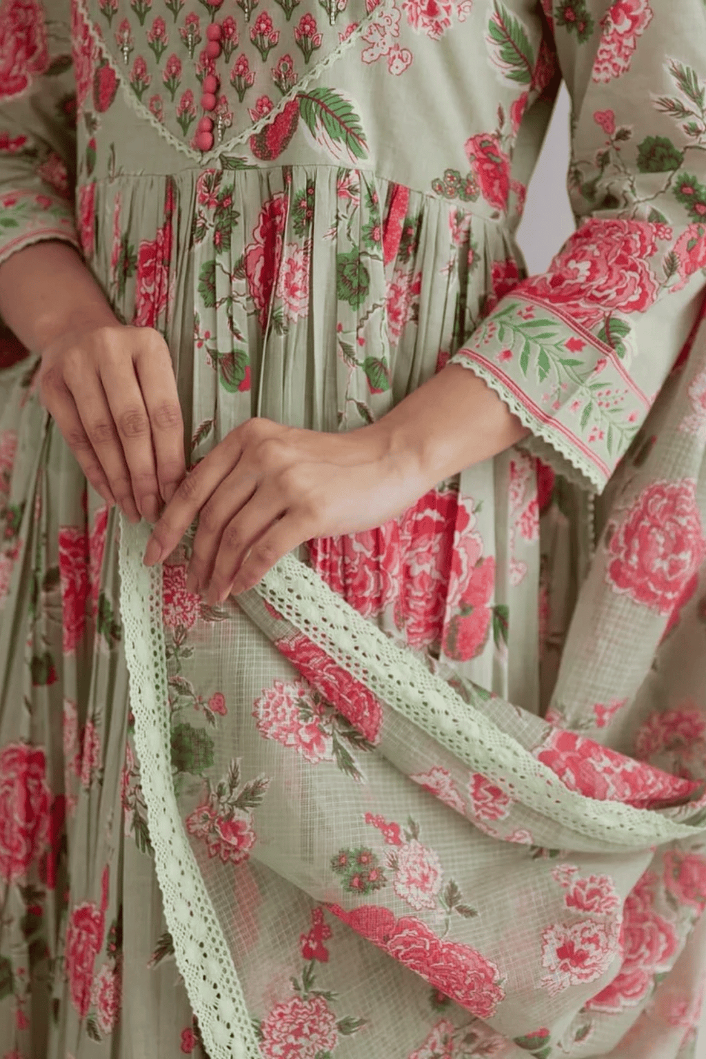 Majestic Diva's Sage Green Floral Printed Dupatta Set