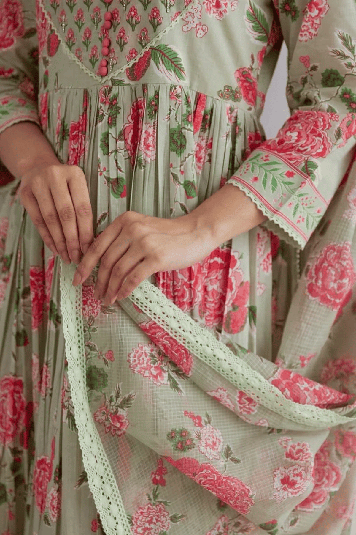 Majestic Diva's Sage Green Floral Printed Dupatta Set