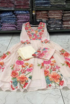 Peach Ivory Floral Digital Print Chiffon Anarkali Dupatta Set