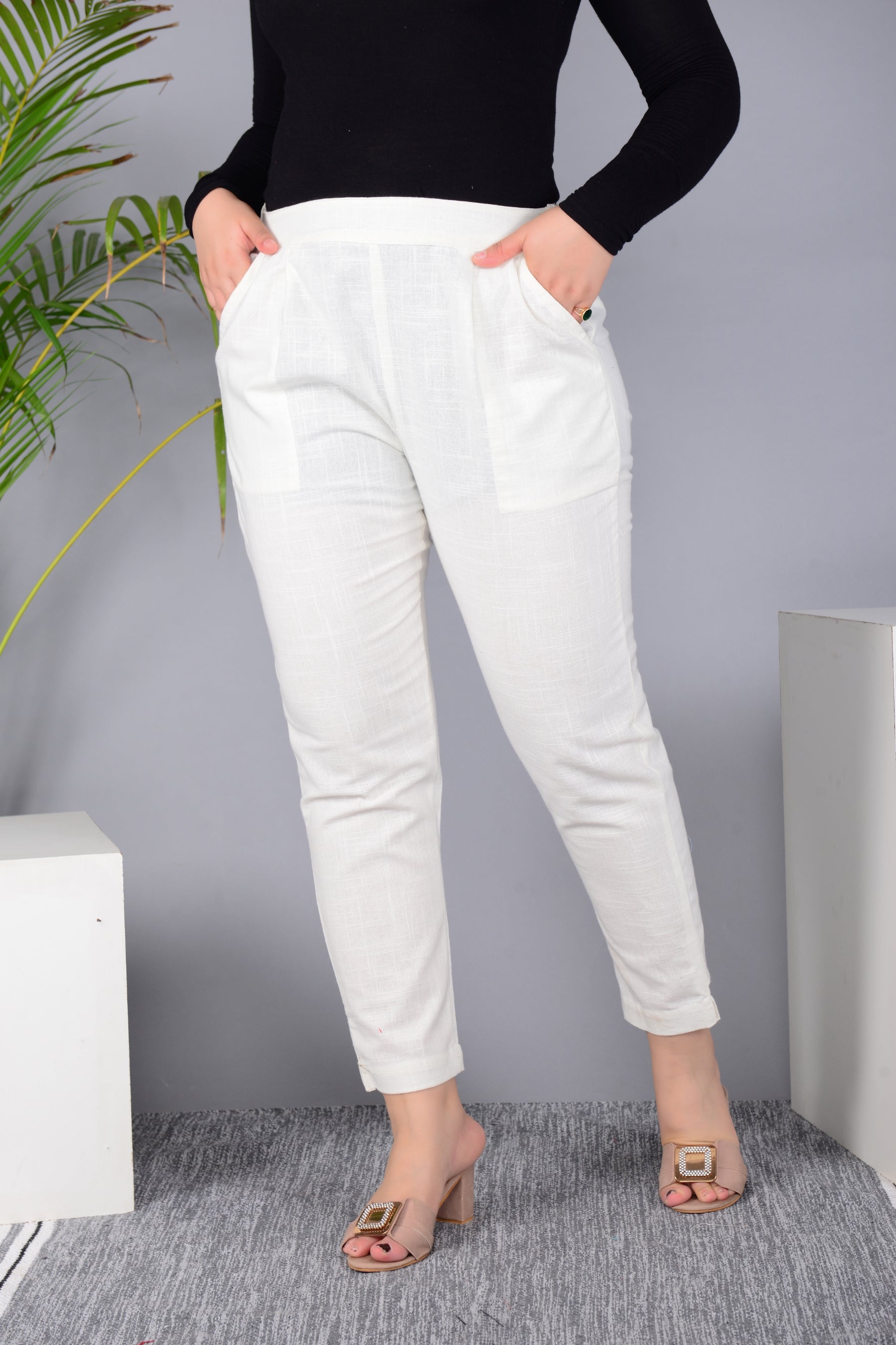 Majestic Diva's Women’s High Waist Off-White Tapered Pants