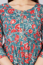 Majestic divas Cotton Teal Blue Red Floral Printed Maternity Feeding Kurta Dress with Dual Zippers