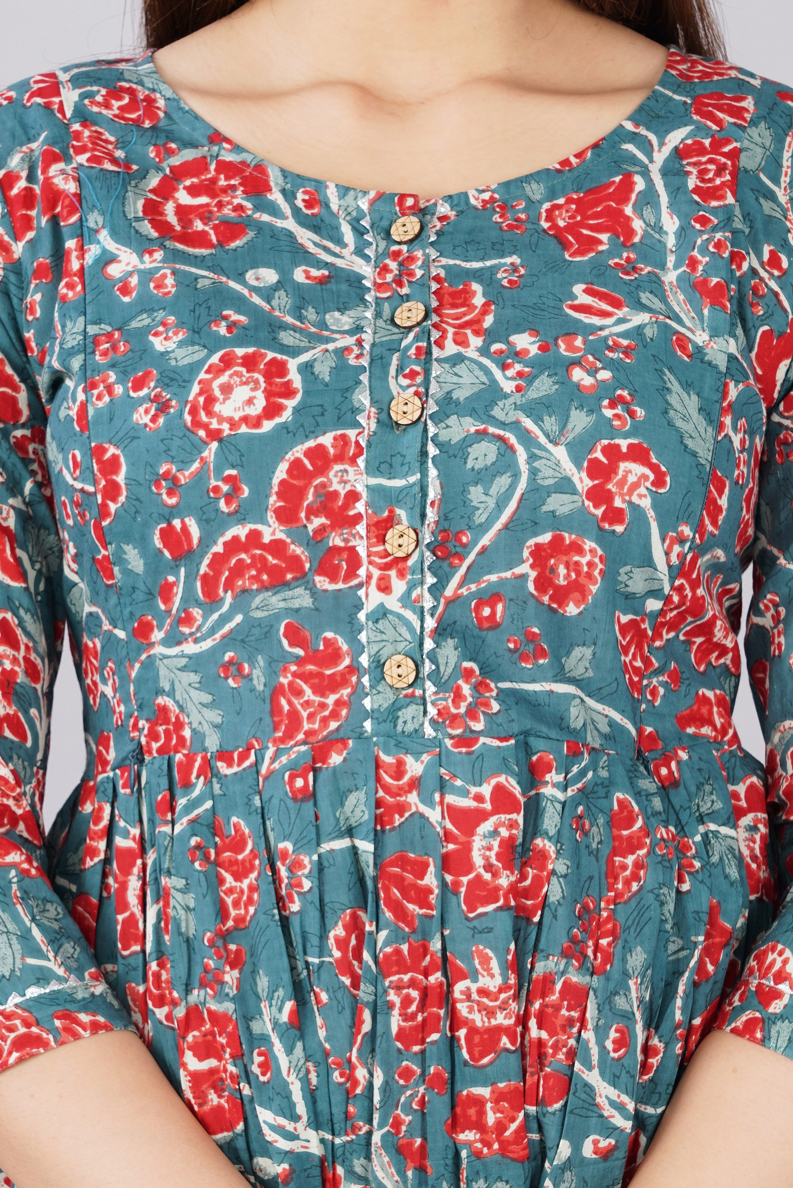 Majestic divas Cotton Teal Blue Red Floral Printed Maternity Feeding Kurta Dress with Dual Zippers