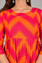 Majestic divas Cotton Pink Orange Chevron Zigzag Printed Maternity Feeding Kurta Dress with Dual Zippers