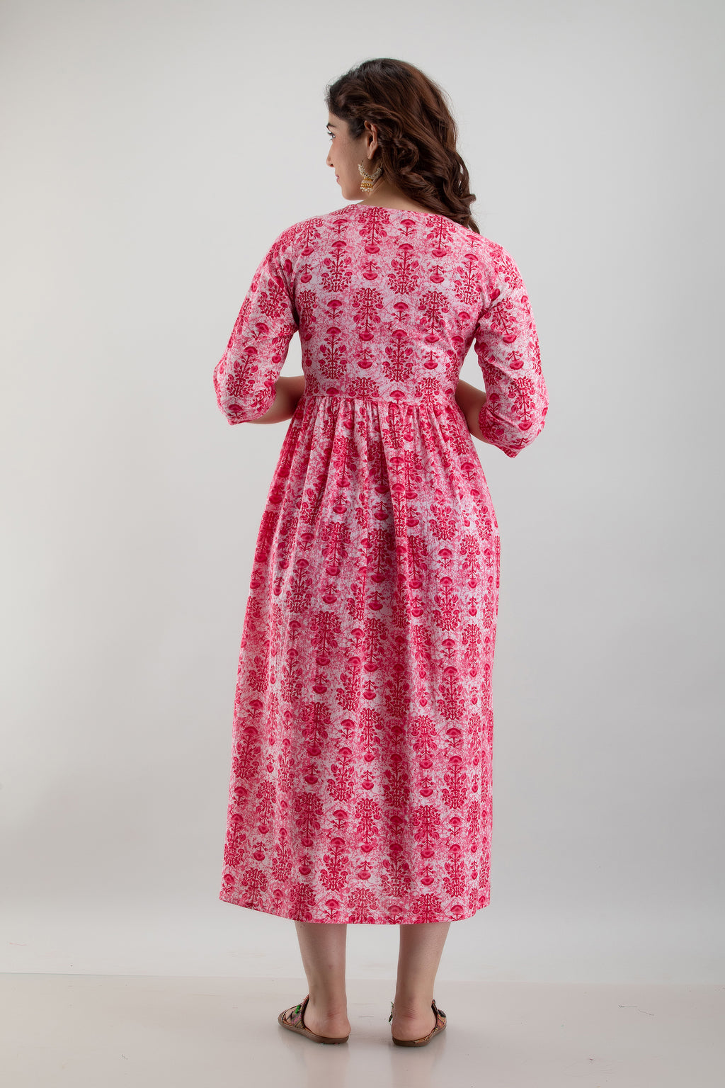 Majestic divas Cotton Pink Floral Maternity Feeding Kurta Dress with Dual Zippers