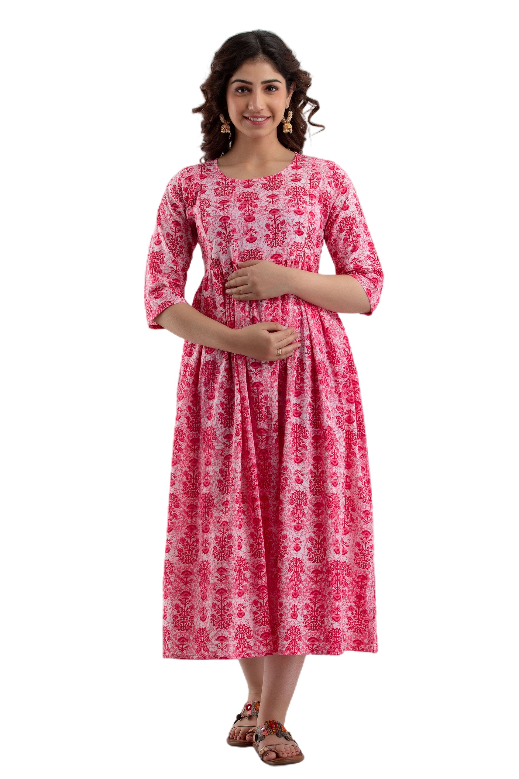 Majestic divas Cotton Pink Floral Maternity Feeding Kurta Dress with Dual Zippers Main image