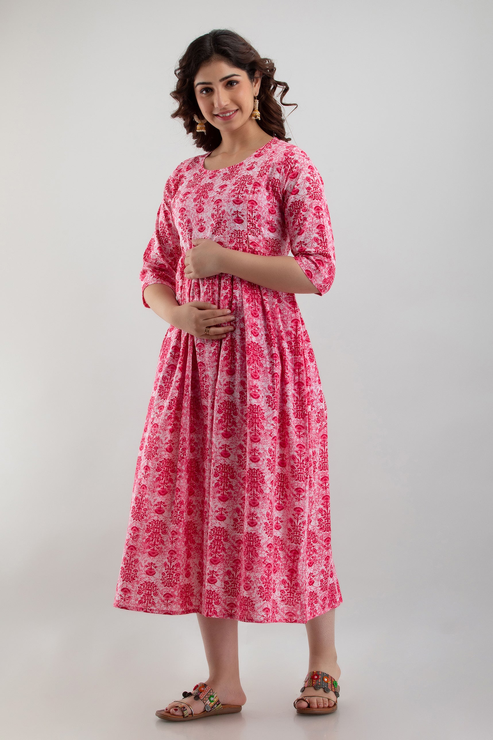 Majestic divas Cotton Pink Floral Maternity Feeding Kurta Dress with Dual Zippers Secondary image
