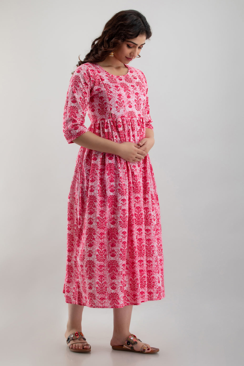 Majestic divas Cotton Pink Floral Maternity Feeding Kurta Dress with Dual Zippers