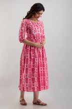 Majestic divas Cotton Pink Floral Maternity Feeding Kurta Dress with Dual Zippers