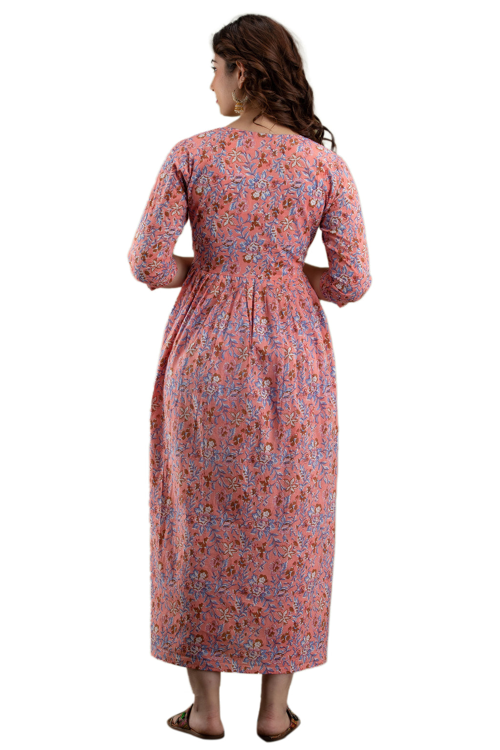 Majestic divas Cotton Peach Floral Maternity Feeding Kurta Dress with Dual Zippers