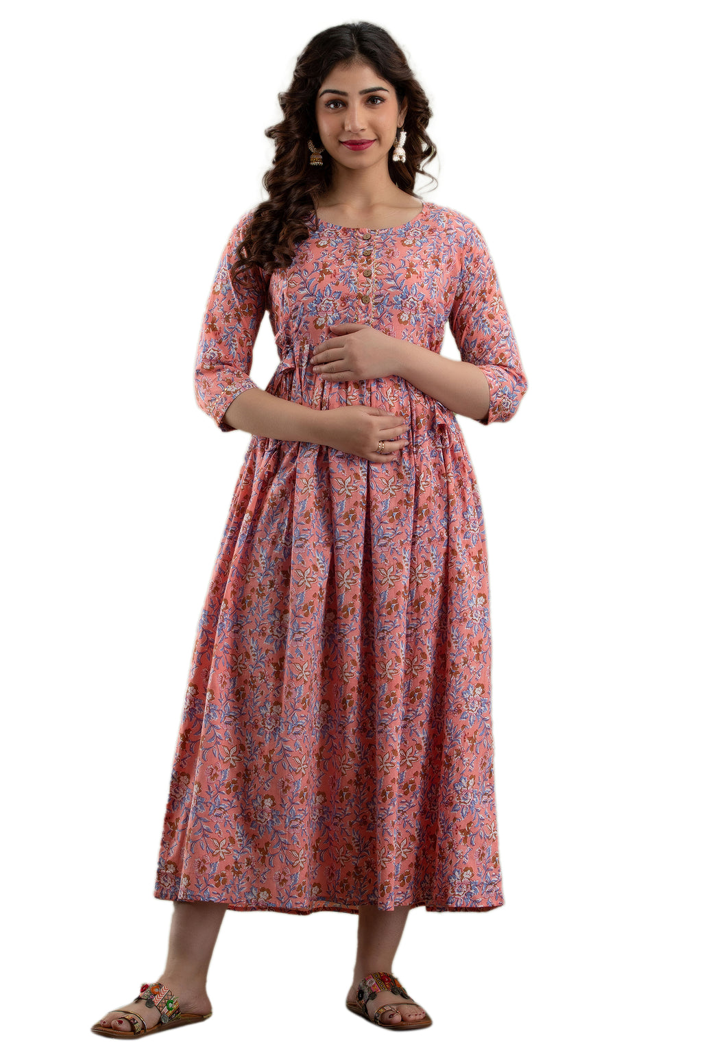 Majestic divas Cotton Peach Floral Maternity Feeding Kurta Dress with Dual Zippers