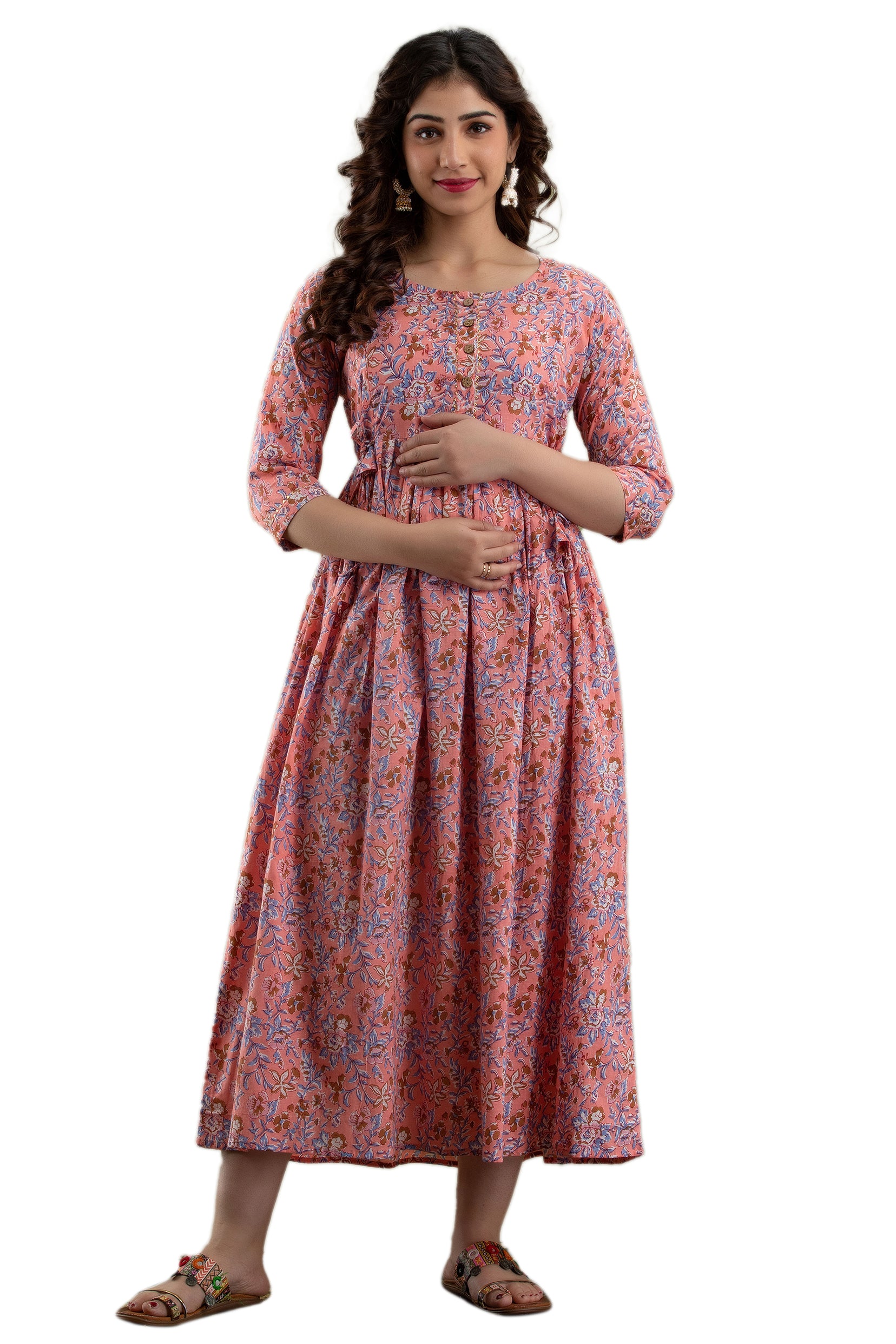 Majestic divas Cotton Peach Floral Maternity Feeding Kurta Dress with Dual Zippers