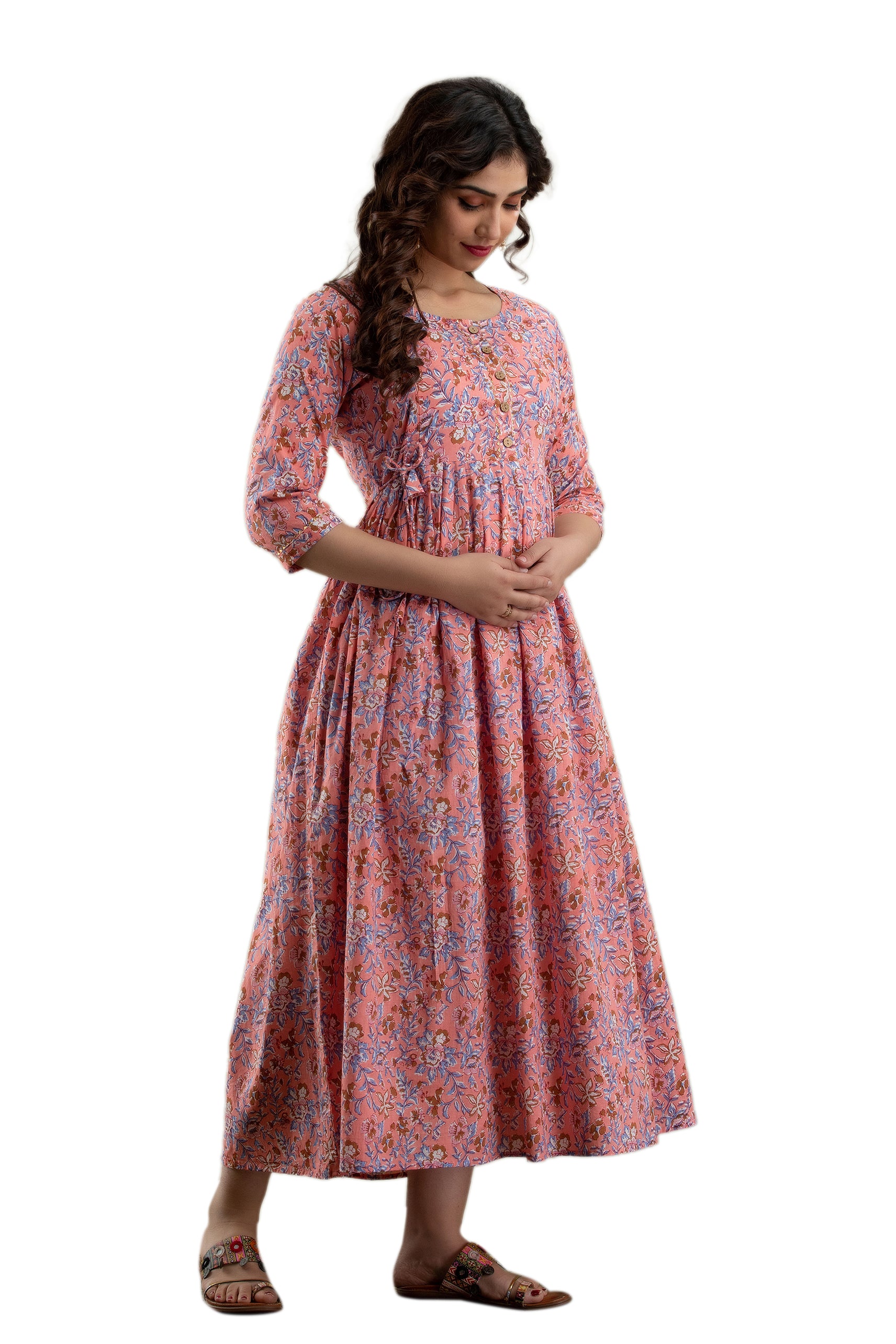 Majestic divas Cotton Peach Floral Maternity Feeding Kurta Dress with Dual Zippers Main image