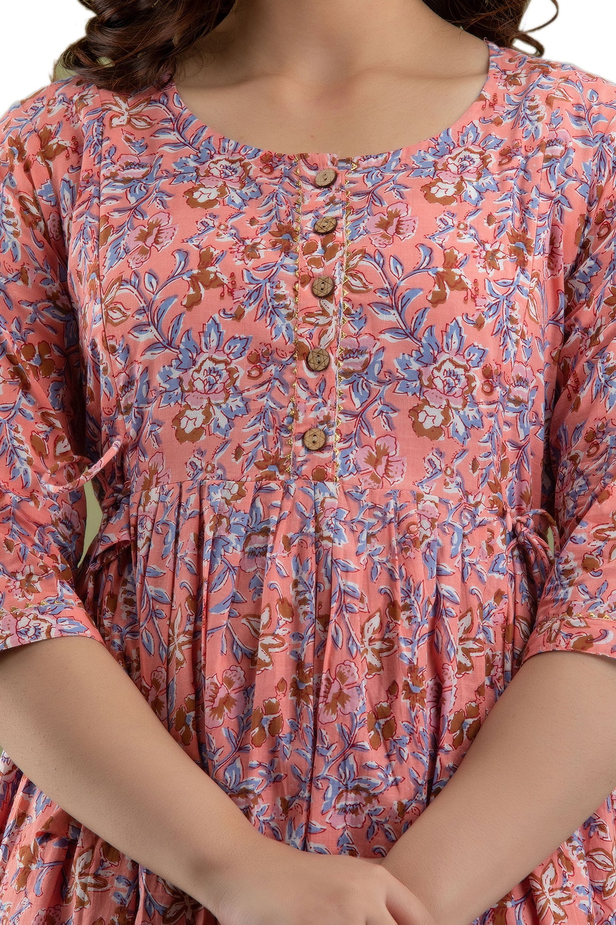 Majestic divas Cotton Peach Floral Maternity Feeding Kurta Dress with Dual Zippers