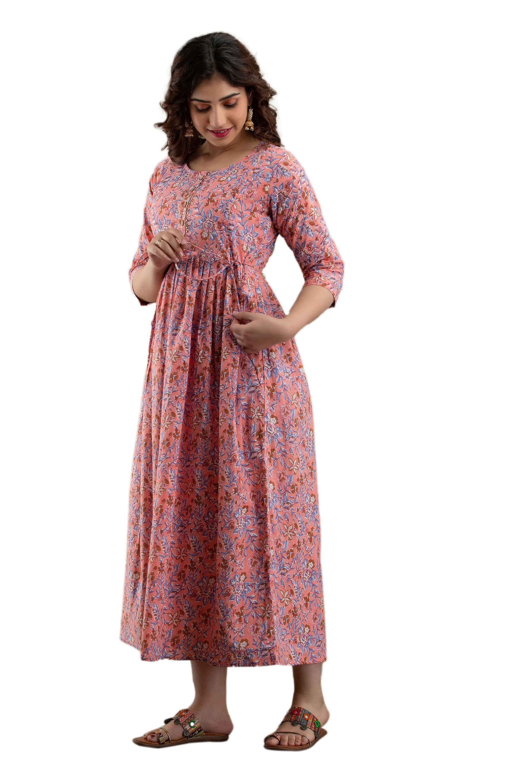 Majestic divas Cotton Peach Floral Maternity Feeding Kurta Dress with Dual Zippers Secondary image