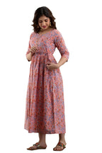 Majestic divas Cotton Peach Floral Maternity Feeding Kurta Dress with Dual Zippers