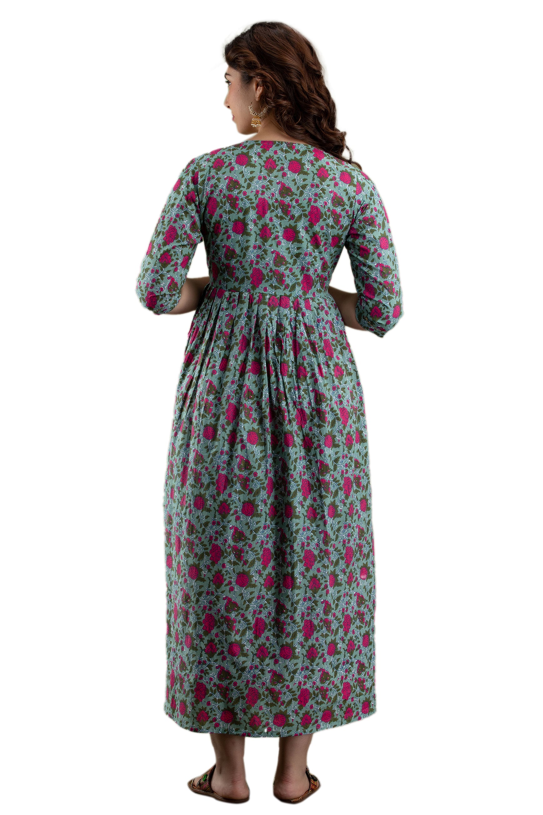Majestic divas Cotton Sage Green Floral Maternity Feeding Kurta Dress with Dual Zippers Secondary image