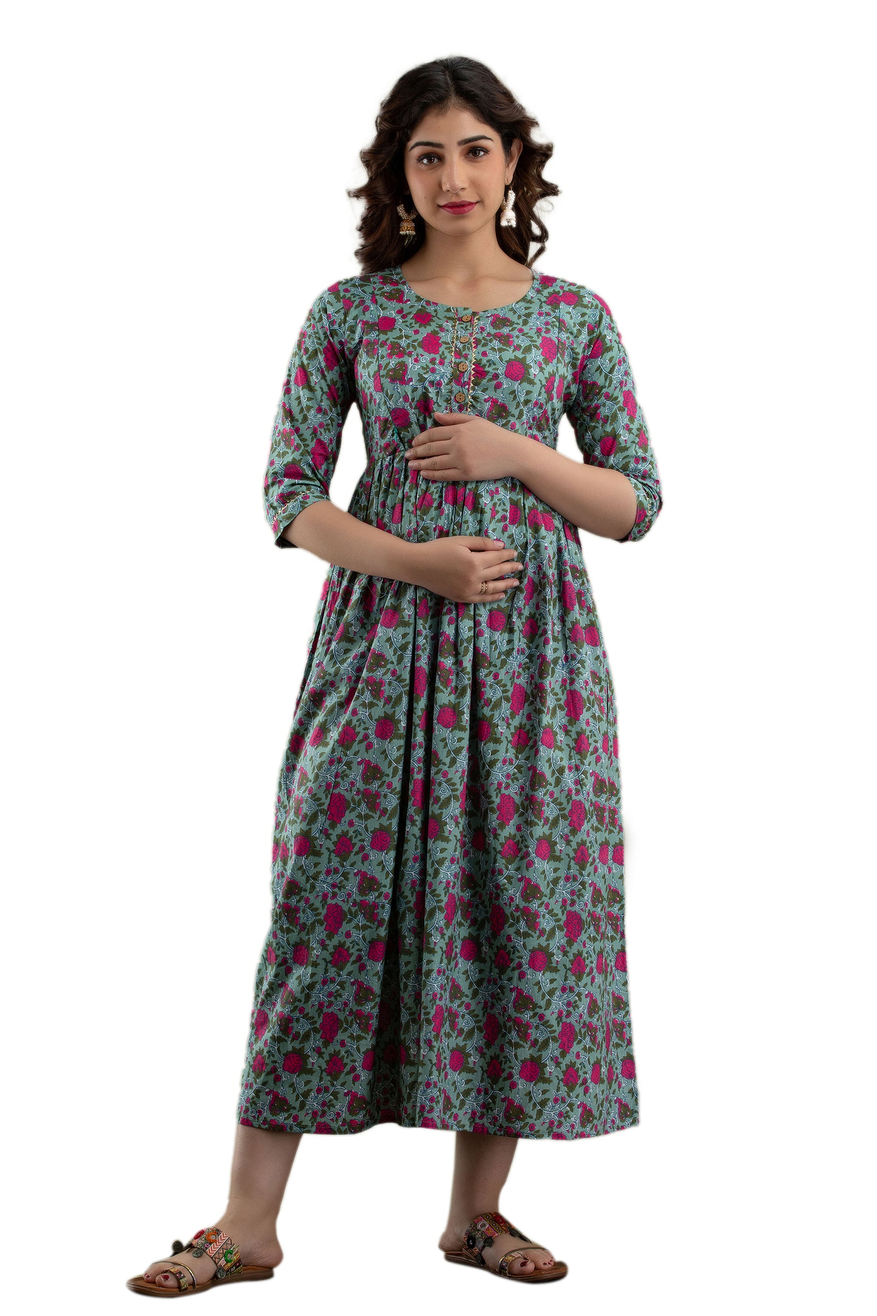 Majestic divas Cotton Sage Green Floral Maternity Feeding Kurta Dress with Dual Zippers Main image