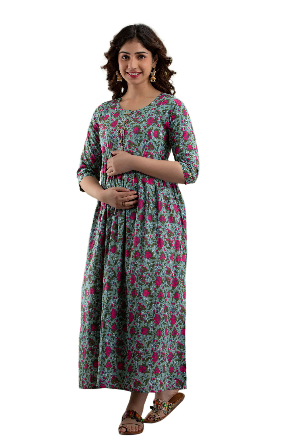 Majestic divas Cotton Sage Green Floral Maternity Feeding Kurta Dress with Dual Zippers