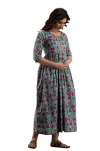 Majestic divas Cotton Sage Green Floral Maternity Feeding Kurta Dress with Dual Zippers