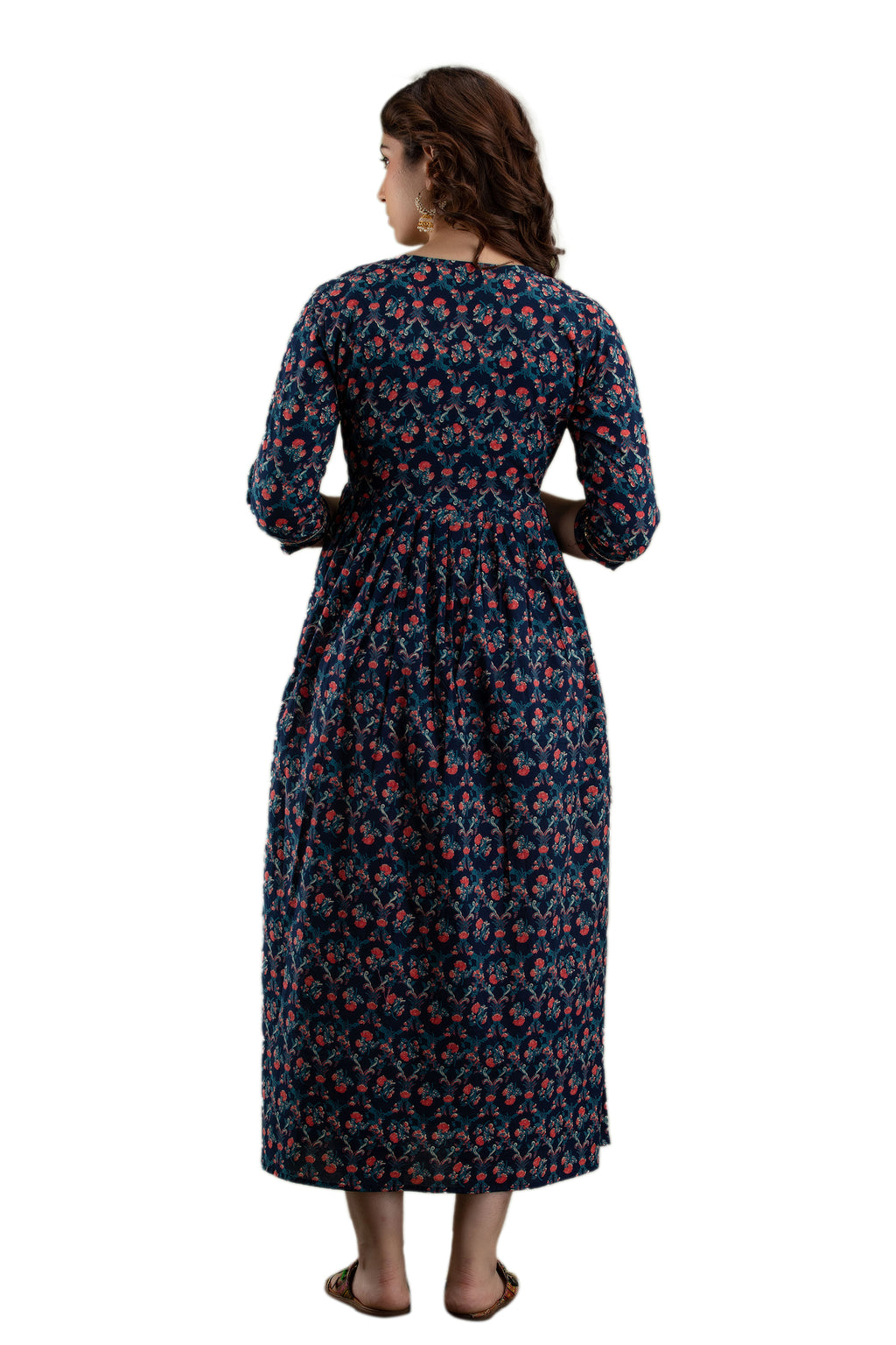 Majestic divas Cotton Navy Blue Floral Maternity Feeding Kurta Dress with Dual Zippers