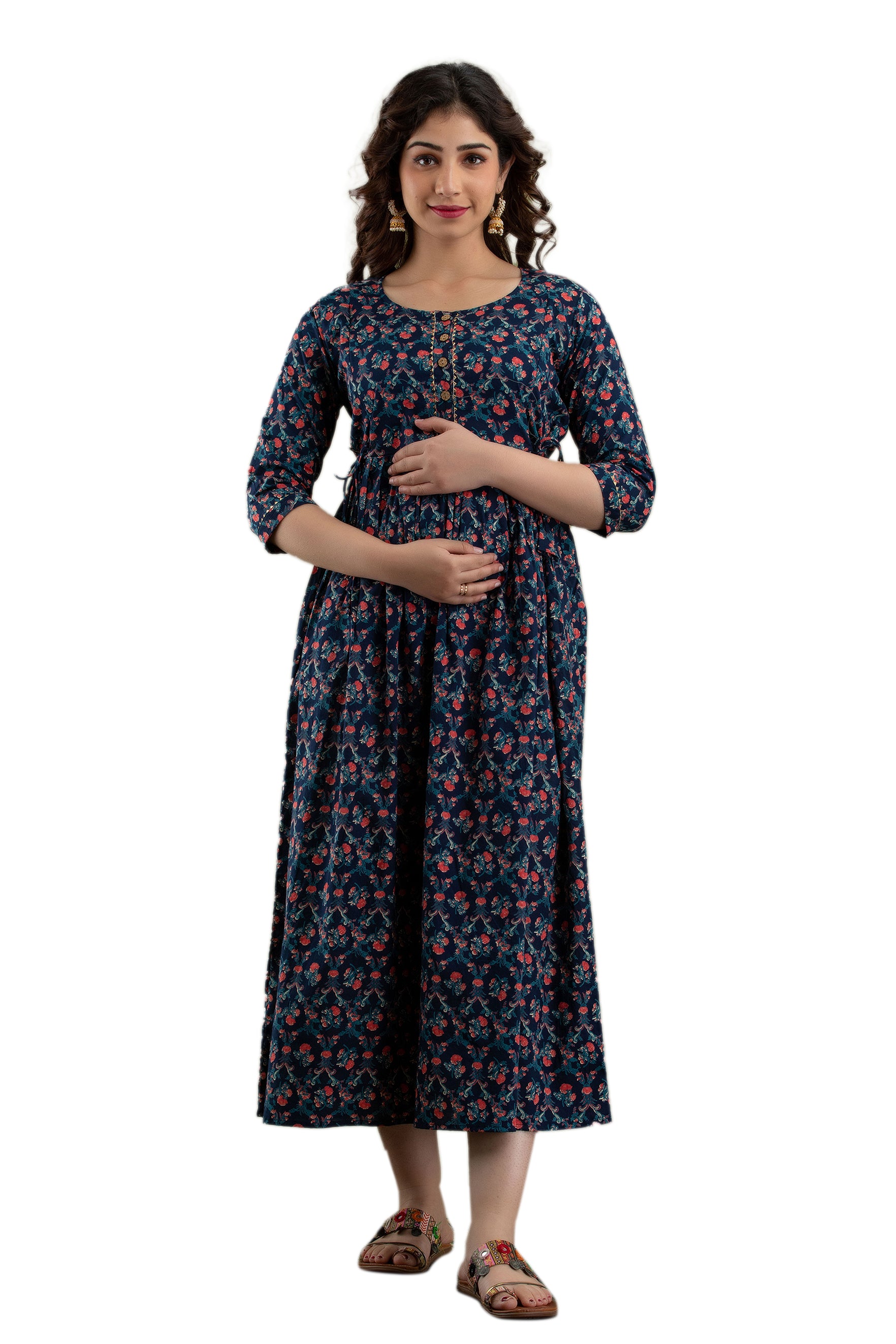 Majestic divas Cotton Navy Blue Floral Maternity Feeding Kurta Dress with Dual Zippers Main image